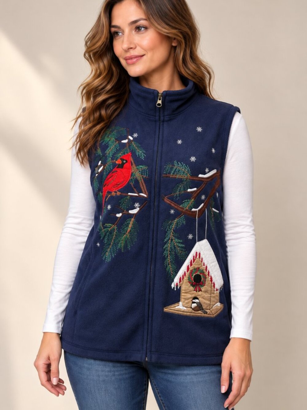 Rebecca Malone L Navy Fleece Christmas Cardinal Birdhouse Embroidered Zip Vest